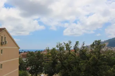 a tree in front of a building with a sky at Studio 13 Budva in Budva