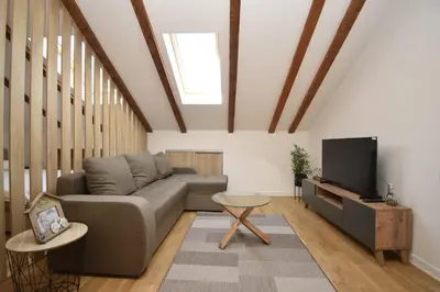 a living room with a couch and a tv at Studio apartment Art Zone II in Podgorica