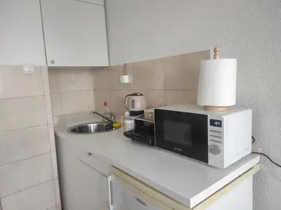 a kitchen counter with a microwave and a sink at Apartment Clock Tower in Podgorica