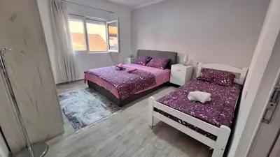 a bedroom with two beds and a walk in shower at Apartman Jelena in Cetinje