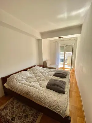 a bedroom with a large bed with two pillows on it at Danilo's apartment in Podgorica