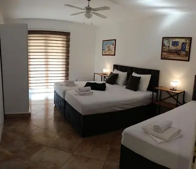 a bedroom with two beds and a ceiling fan at TEA7 apartment in Kotor