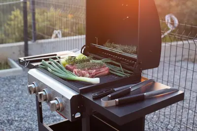 a grill with a steak and vegetables on it at Sunset house in Višnjevo