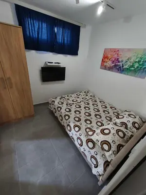 a bed in a room with a painting on the wall at apartman19 in Podgorica