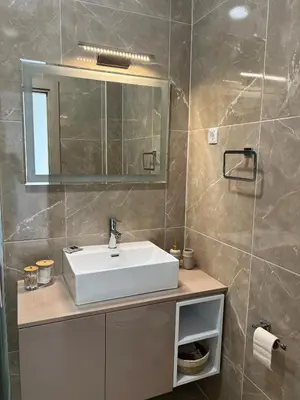 a bathroom with a white sink and a mirror at Apartments HAS in Kotor