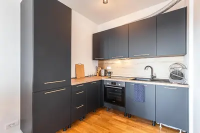 a kitchen with black cabinets and a sink at Olive Tree Apartments in Becici