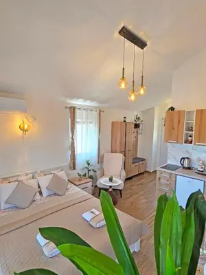 a living room with a large bed and a kitchen at Sunny Side Apartments in Rijeka Crnojevića