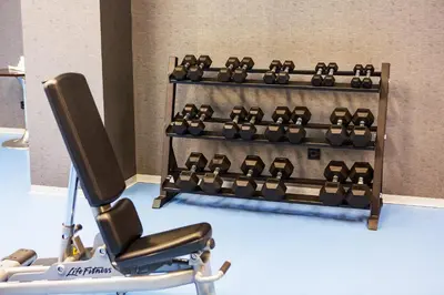 a gym with a chair and a bunch of dumbbells at Kings Park Hotel in Podgorica
