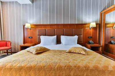 a bedroom with a large bed with two pillows at Kings Park Hotel in Podgorica