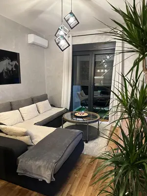 a living room with a couch and a table at Arbo LUX Apartment in Podgorica
