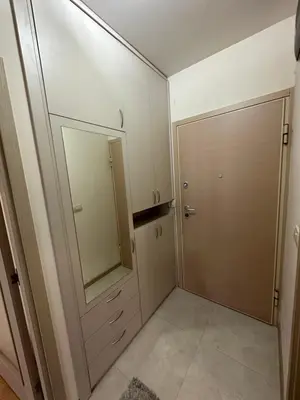 a closet with a door and a mirror in a room at Hanna apatment in Podgorica