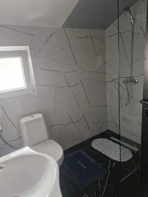 a bathroom with a white toilet and a shower at Knežević apartman in Podgorica