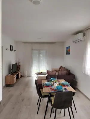a living room with a table and a couch at Knežević apartman in Podgorica
