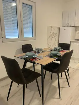 a dining room table and chairs in a kitchen at Knežević apartman in Podgorica
