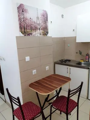 a small kitchen with a table and two chairs at Apartman Paris in Podgorica