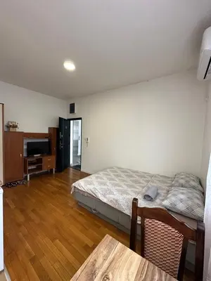 a bedroom with a bed and a table and a television at Stex Urban 2 in Podgorica