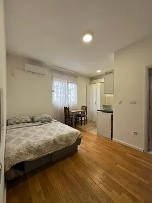 a bedroom with a bed and a kitchen and a table at Stex Urban 2 in Podgorica