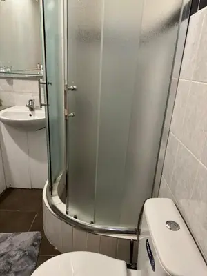 a bathroom with a shower and a toilet and a sink at Apartments Airport Golubovci in Podgorica