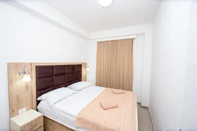 a bedroom with a large bed with a wooden headboard at Apartments Blanco in Budva