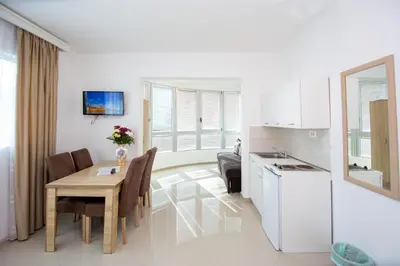 a kitchen and dining room with a table and a dining room at Apartments Blanco in Budva