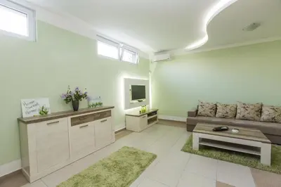 a living room with a couch and a tv at Apartments Aleksandra in Podgorica