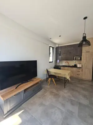 a living room with a large television and a table at Черногория Квартира у моря in Rafailovici