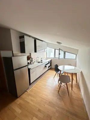 a kitchen with a refrigerator and a table and chairs at Stex Urban 3 in Podgorica