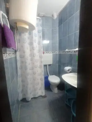 a bathroom with a toilet and a shower and a sink at Apartman Marinamar in Utjeha