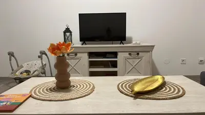 a table with a vase on a table with a television at Orlando apartman in Kotor
