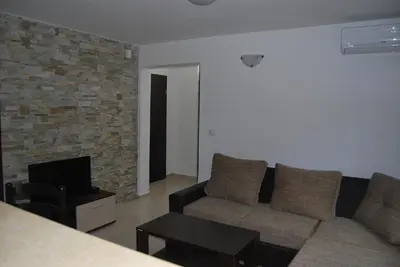 a living room with a couch and a fireplace at Apartments Aneta in Ulcinj