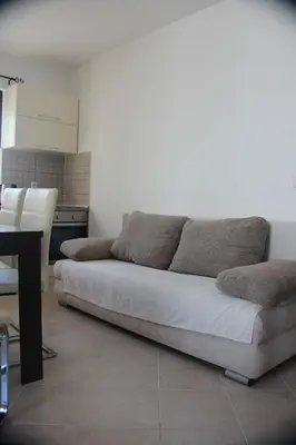 a couch in a living room with a kitchen at Apartments Aneta in Ulcinj