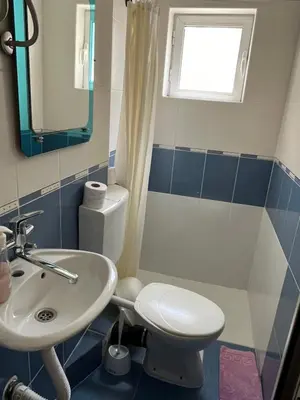 a bathroom with a sink and a toilet and a window at Apartments MyDay in Budva