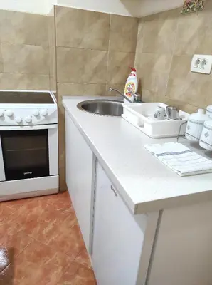 a small kitchen with a sink and a stove at Central Station Apartment Podgorica in Podgorica
