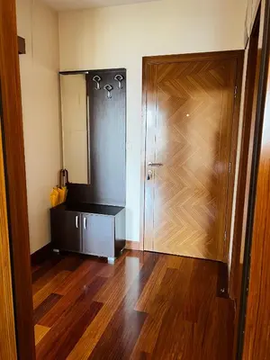 a room with a wooden door and a mirror at Urban Suite Athos in Podgorica