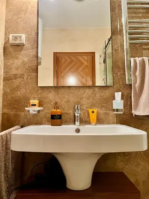 a bathroom with a white sink and a mirror at Urban Suite Athos in Podgorica