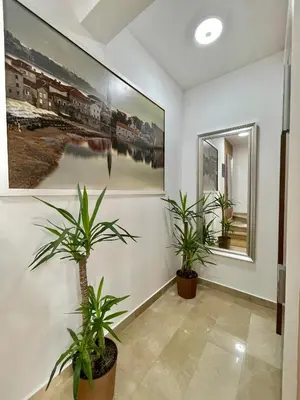 a hallway with potted plants and paintings on the wall at Comfort Apartments Pasha in Budva