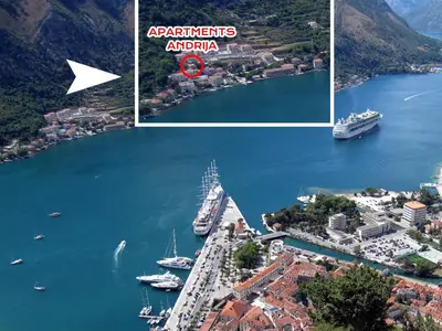 two pictures of a harbor with boats in the water at Apartments Andrija in Kotor