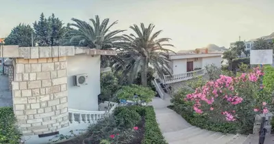 a house with palm trees and flowers on a street at Apartments Vinka&Mila in Sutomore