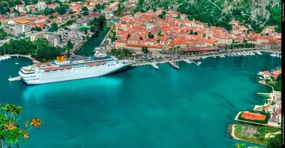a cruise ship is docked in a harbor at Apartment Pela in Kotor