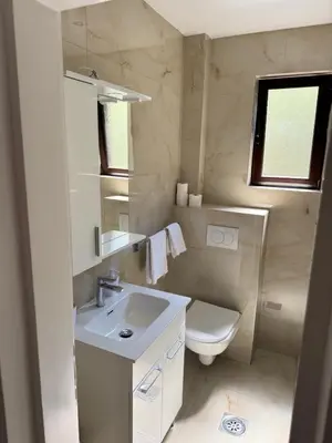 a white bathroom with a sink and a toilet at Olive Garden Apartments in Sveti Stefan
