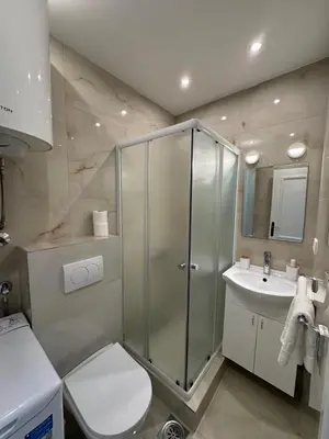 a bathroom with a shower and a toilet and a sink at Olive Garden Apartments in Sveti Stefan
