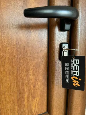 a doorhandle with a lock on a wooden door at Berin Apartments in Ulcinj