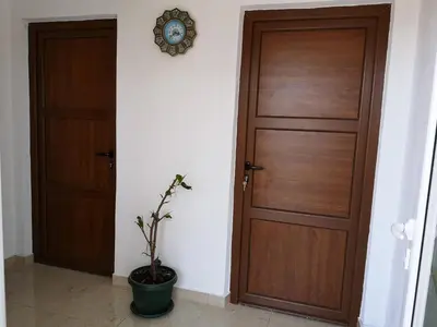 a hallway with two wooden doors and a potted plant at Berin Apartments in Ulcinj