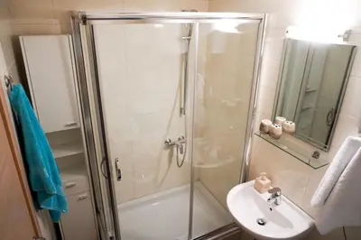 a bathroom with a shower and a sink at Apartment Marija in Budva