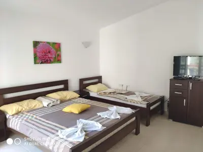 two twin beds in a room with a tv at Apartments Brnjada in Sutomore