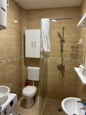 a bathroom with a shower and a toilet and a sink at Prestige 3 in Podgorica