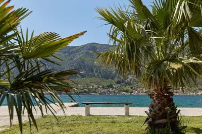 a bench sitting on a beach next to a body of water at Apartment Mrsulja in Kotor