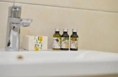 three bottles of wine sitting on a bathroom sink at Seafront Apartments House 44 Private Balcony Old Town View in Kotor