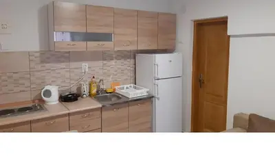 a kitchen with a white refrigerator and wooden cabinets at Apartments Škaljari in Kotor
