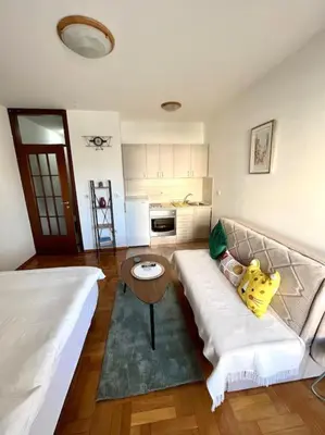 a living room with a couch and a table at Studio 6 in Podgorica